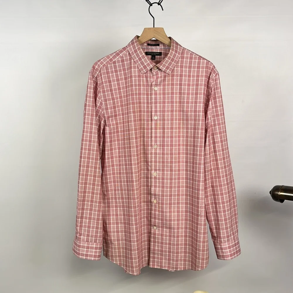 Banana Republic Plaid Button-Down Long Sleeve Shirt - XL - Grant Fit - Salmon